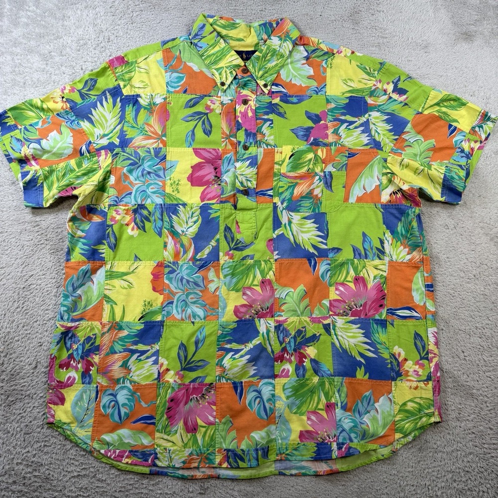 Polo Ralph Lauren Shirt Mens XL Multicolor Patchwork Floral Hawaiian Popover